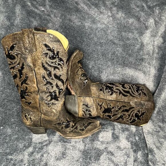 CORRAL BOOTS Brown Black Sequence Inlay Suede with Sequins Cowgirl Boots Size 7. - Picture 5 of 8